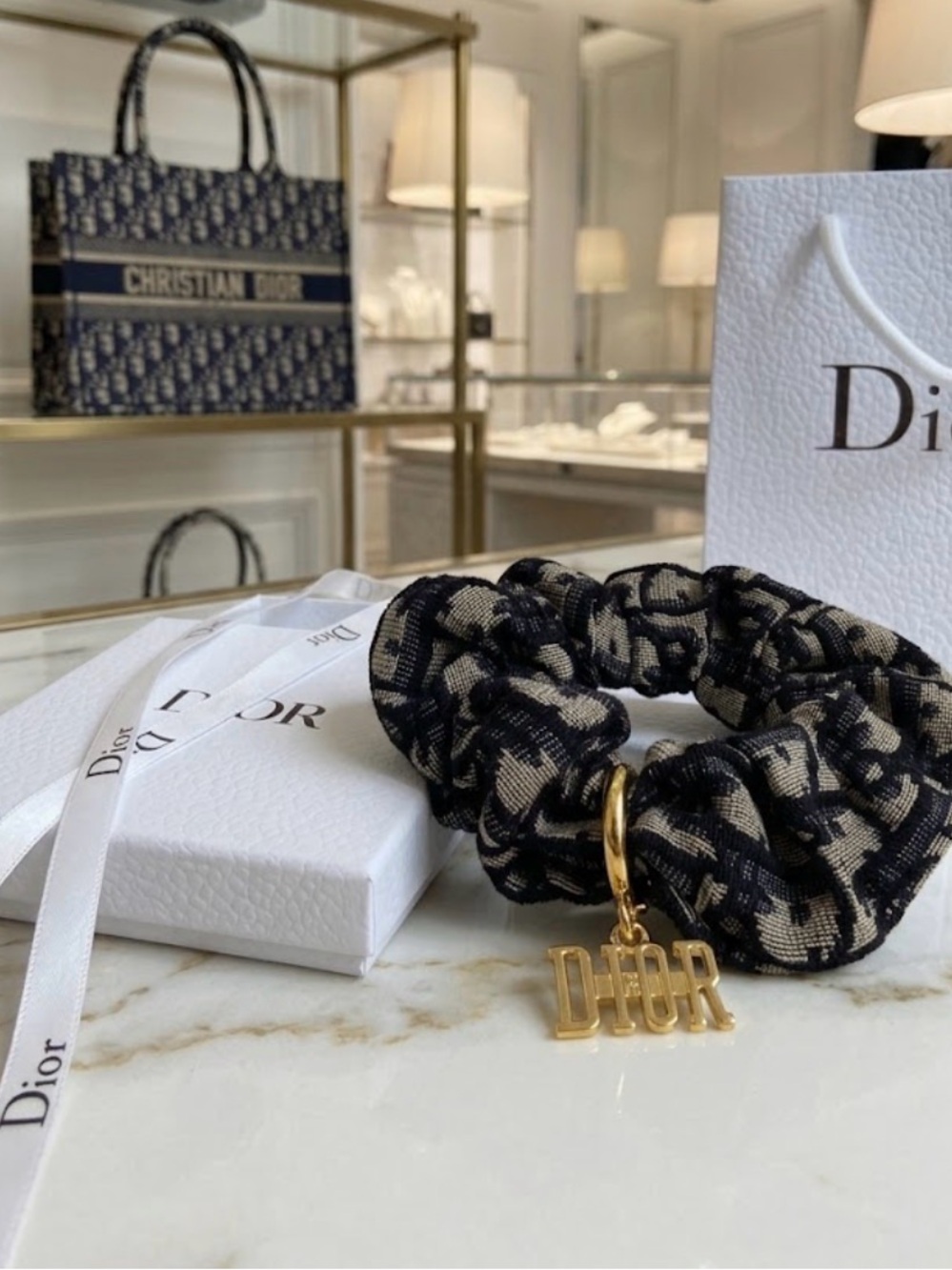 Dior Scrunchie with Charm Oblique New in Box and bag NO TAG